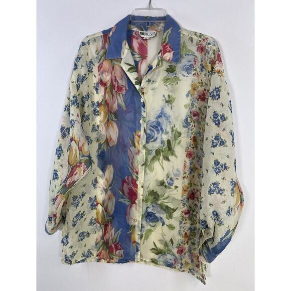 Vintage Sheer Chiffon Blouse Floral Print Boho Garden Button Down S/M - Picture 3 of 11